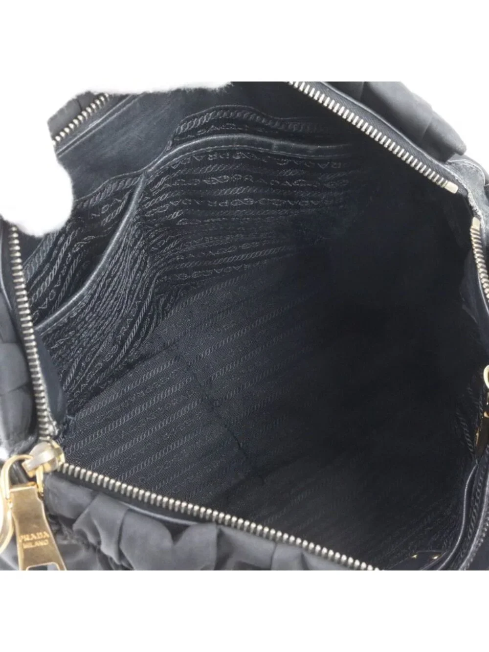 Prada Tessuto Nylon Gathered Leather Tote Shoulder Hand Black
